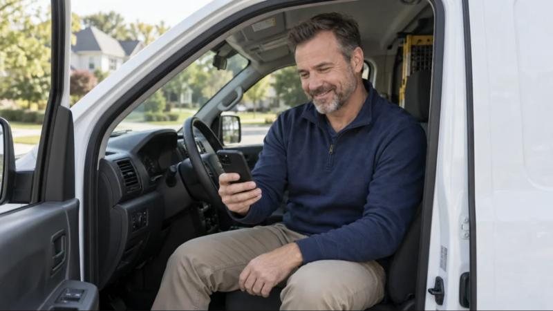 Contractor in his work van checking a new review on his phone