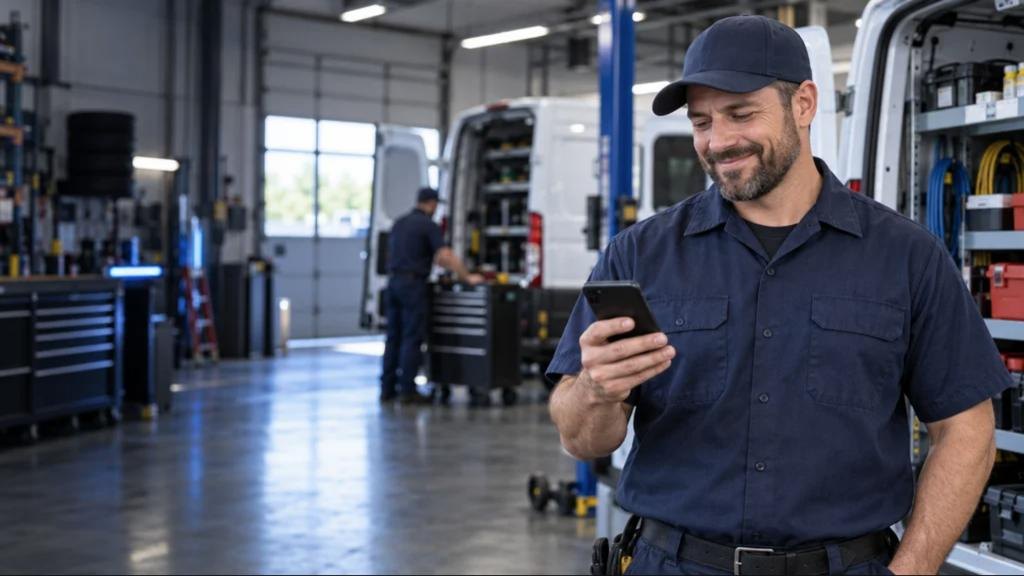 Service technician smiling at a review notification on his phone in a busy shop
