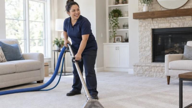 Technician steam cleaning a carpet
