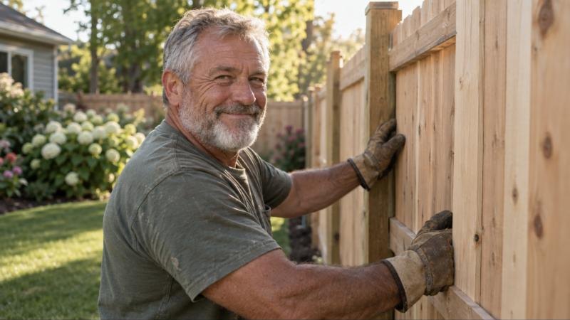 Gray-bearded fence installer pressing a new cedar privacy fence panel into place