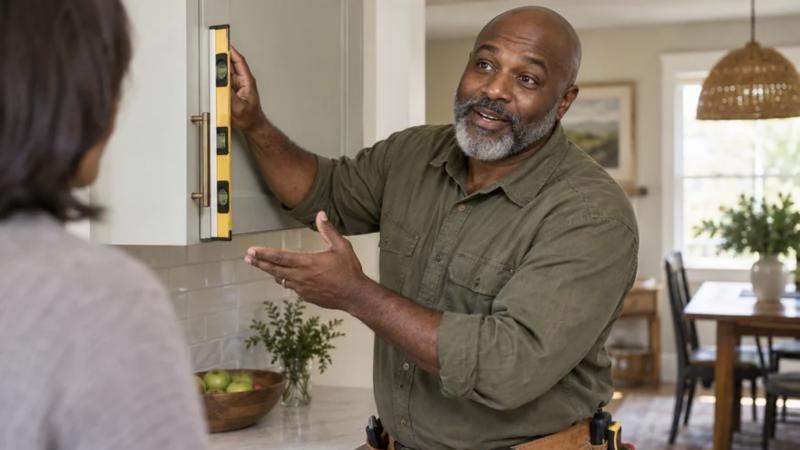 Handyman leveling a cabinet door