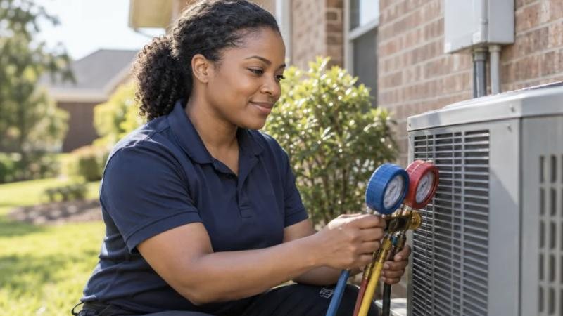 HVAC technician reading her gauges
