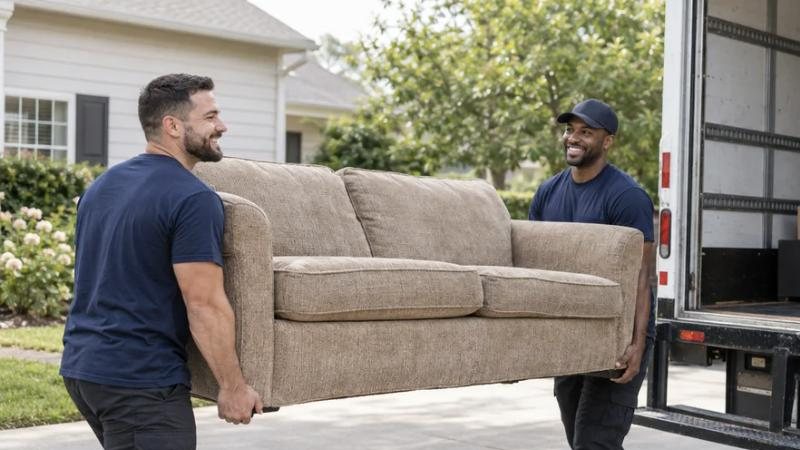 Crew carrying an old couch to their truck
