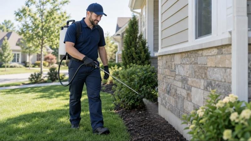 Pest control technician treating a home foundation