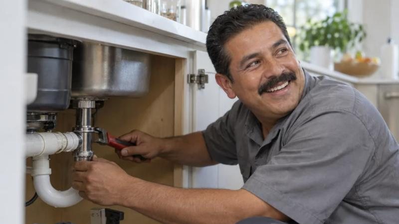 Plumber working under a kitchen sink